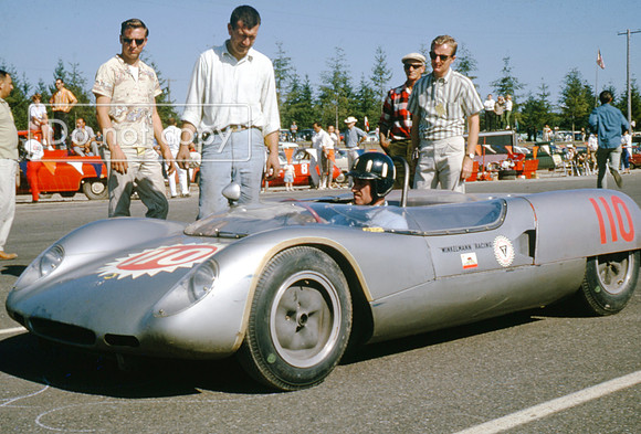 Graham Hill sitting in the Bob Winklemann Lotus 23b Pacific North West Grand Prix Kent 1963